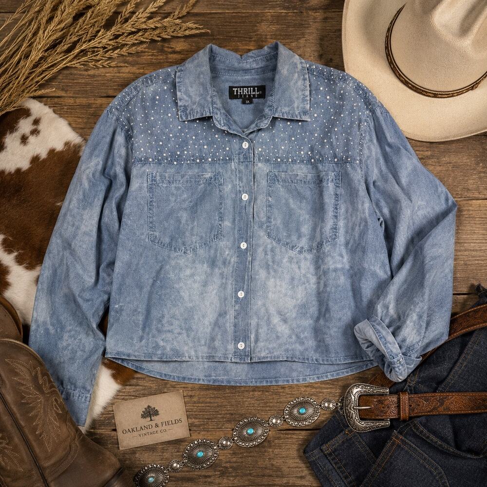 Thrill Jeans Women’s 3X Acid Wash Denim Button-Up Western Shirt Pearl Studded